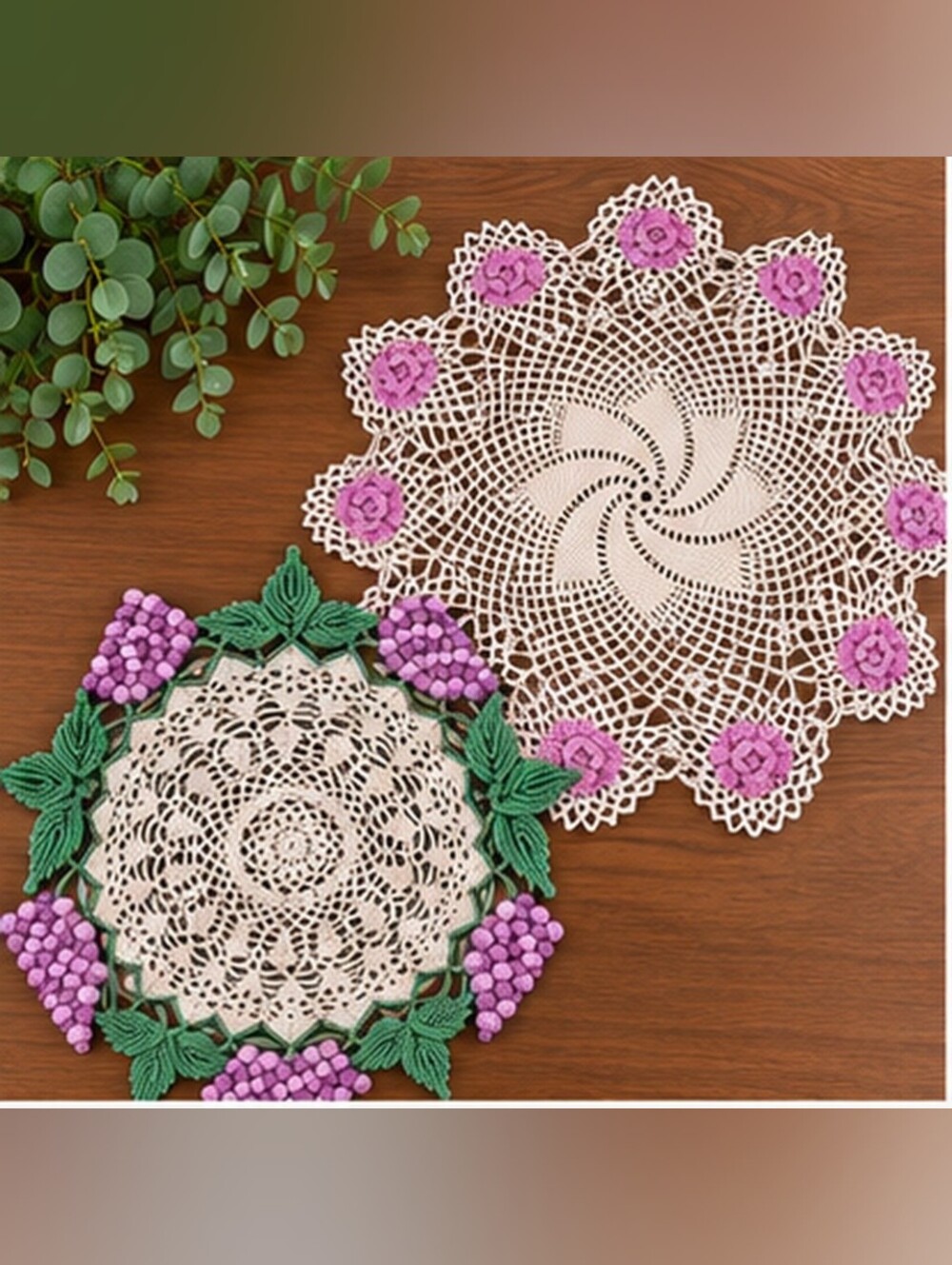 Vintage Crochet Doily Set of 2 – Purple Grapes & Floral Lace